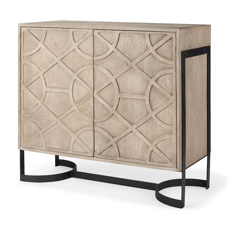 Rivien Light Brown Solid Wood with Black Metal Frame 2 Door Accent Cabinet