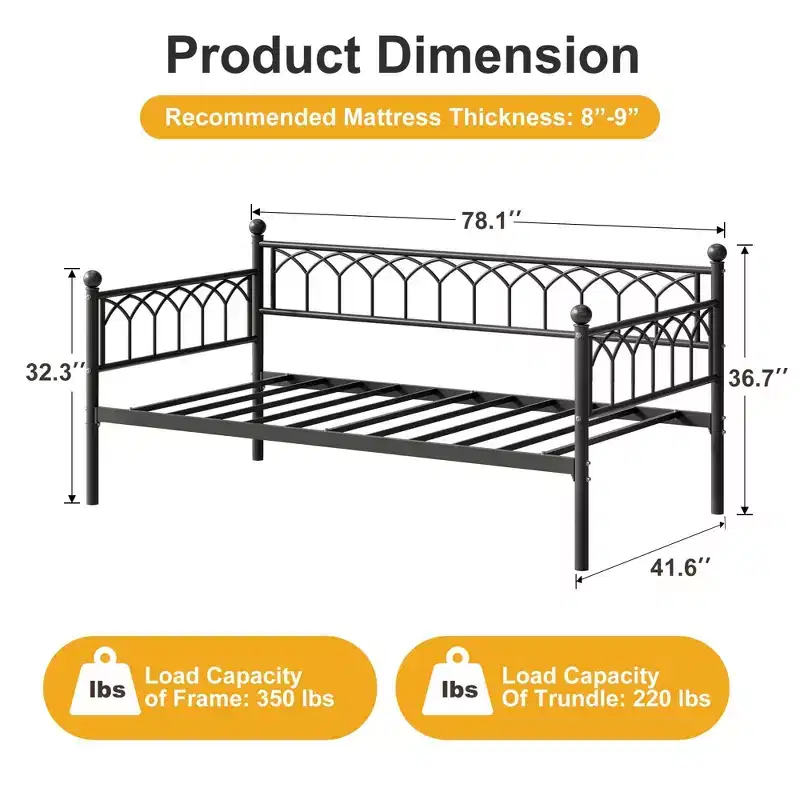 Black Twin Metal Daybed Frame, 1-Person, Sofa & Bed Dual Use
