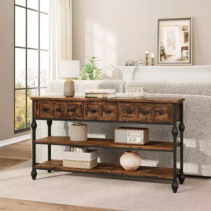 Console Sofa Table 53, Entryway Table with 3 Drawers, 3 Tier Sofa Table, Open Shelf Couch Table