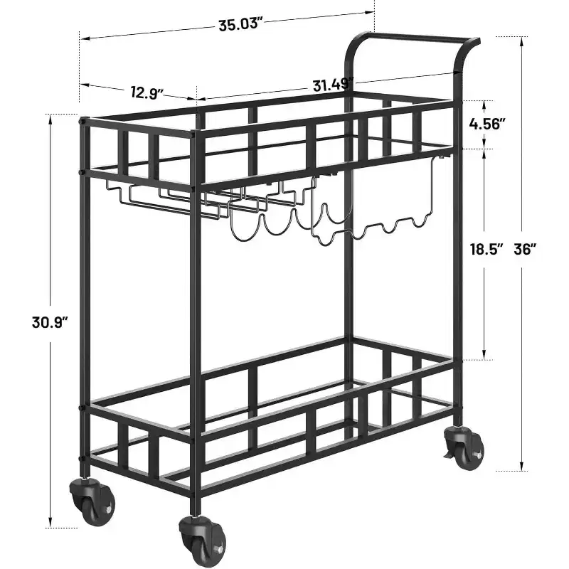 2 Tier Rolling Wine Bar Cart for Home, Small Alcohol Liquor Cart with Mirrored Shelves, Wine Racks & Glass Holder