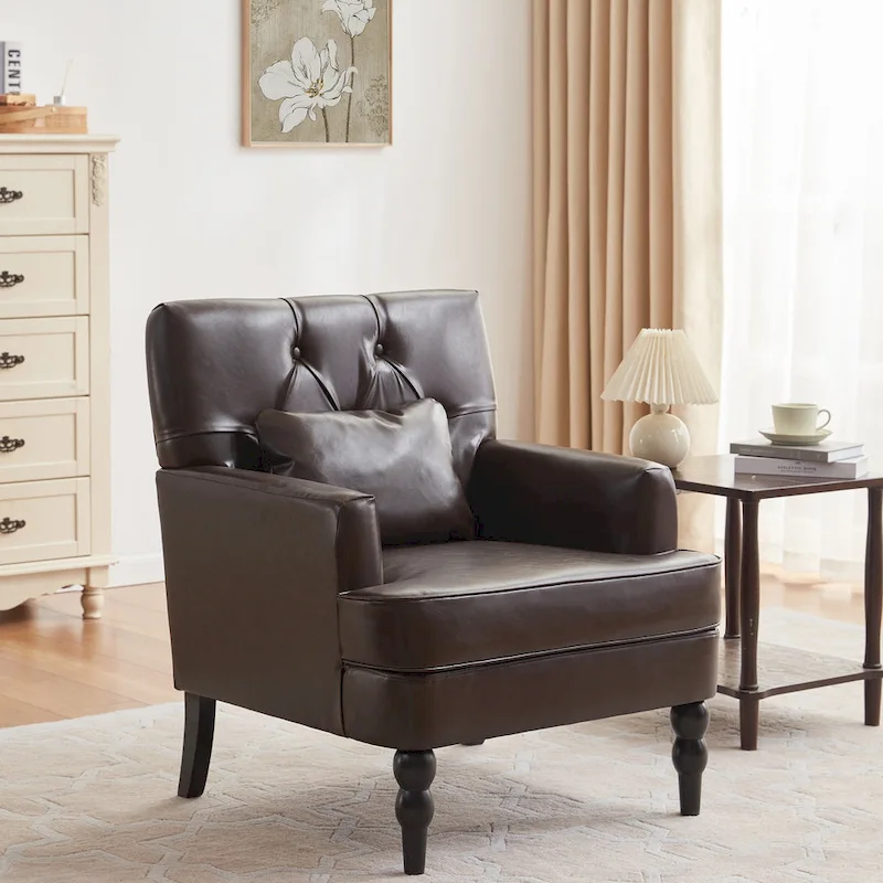 HUIMO Arm Chair Upholstered Button Tufted Accent Chair with Lumbar Pillow Beige/ Grey/ Light Blue/Brown