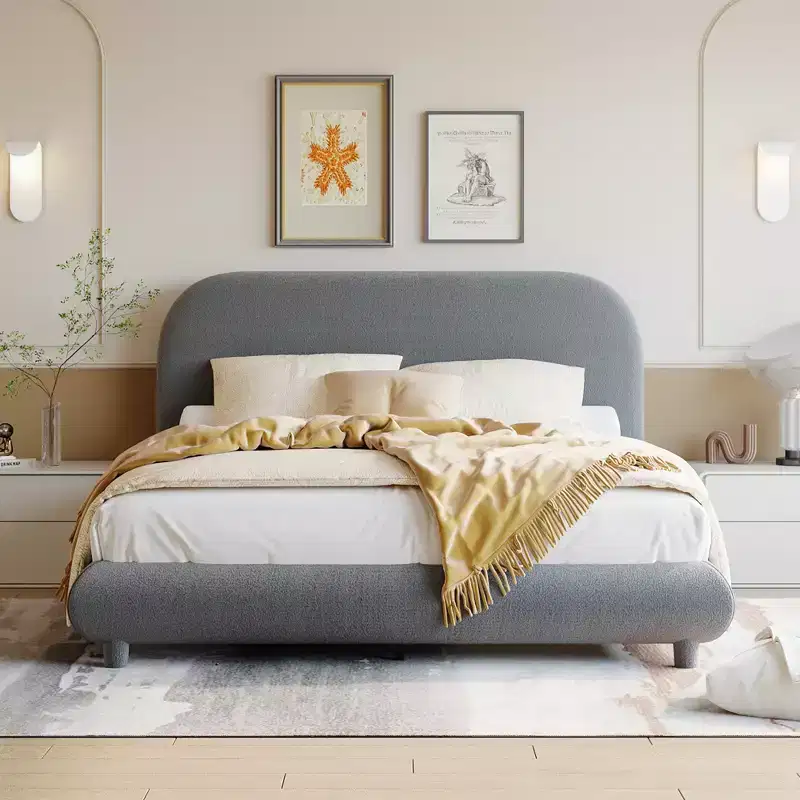 Bellemave Teddy Fleece Full Size Upholstered Platform Bed with Thick Fabric, Solid Frame and Stylish Curve-shaped Design, Gray