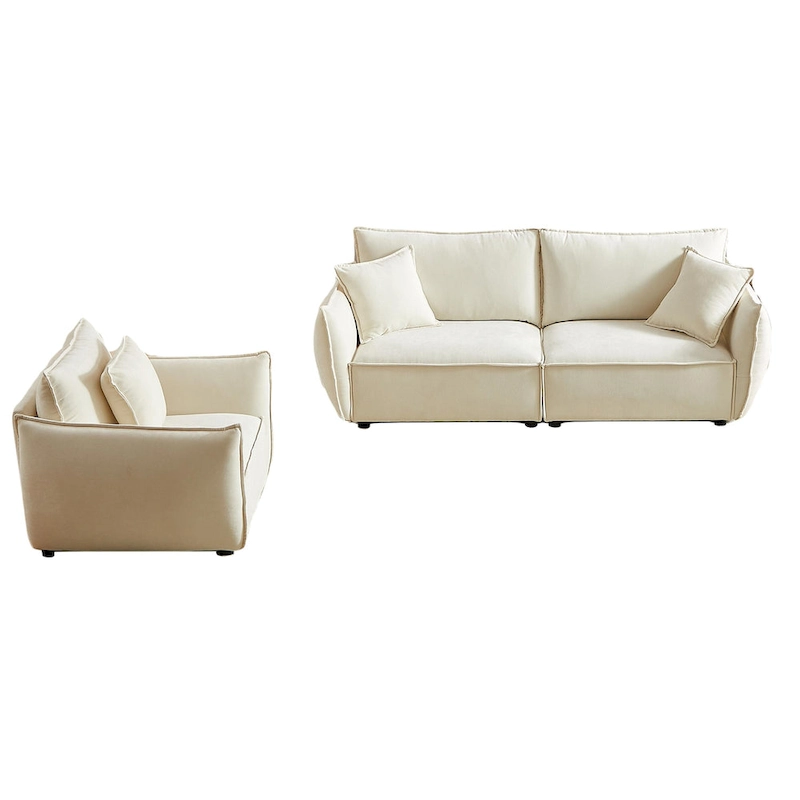 2-Pieces Linen Fabric 4-Seat Modular Sofa Set with 3+1 Seater Combo and Wooden Frame & 3 Pillows