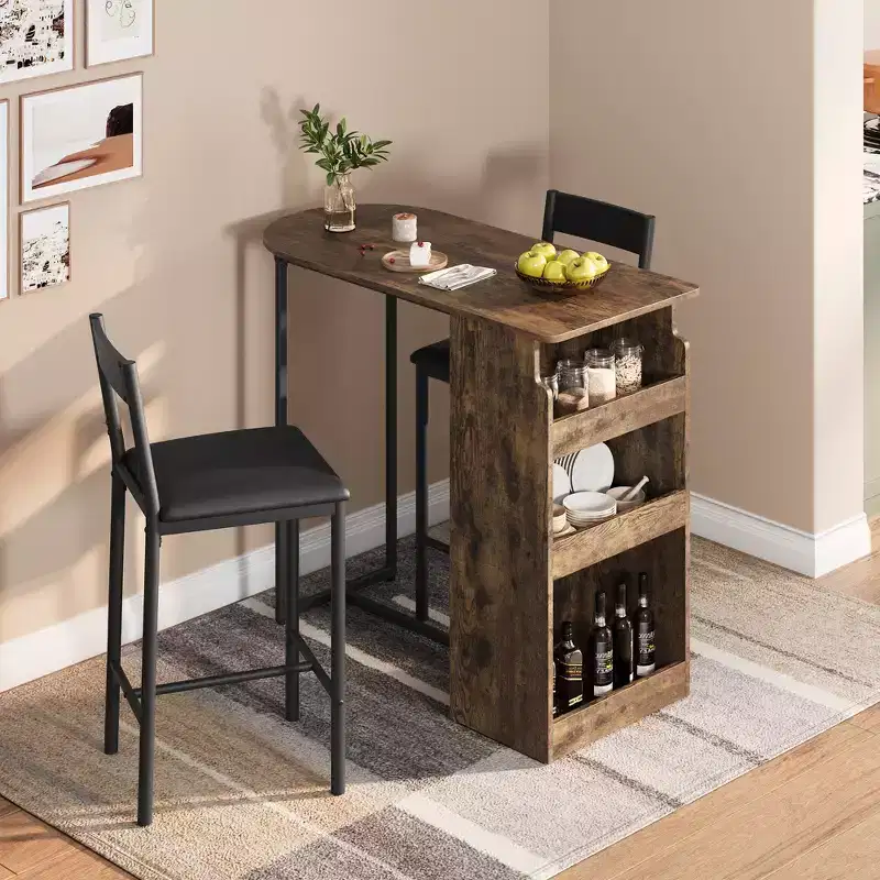 3 Piece Bar Table Set for 2, Counter Height Kitchen Table with 2 Stools & Storage Shelves, Pub Table and Chairs Set for Kitchen Living Room