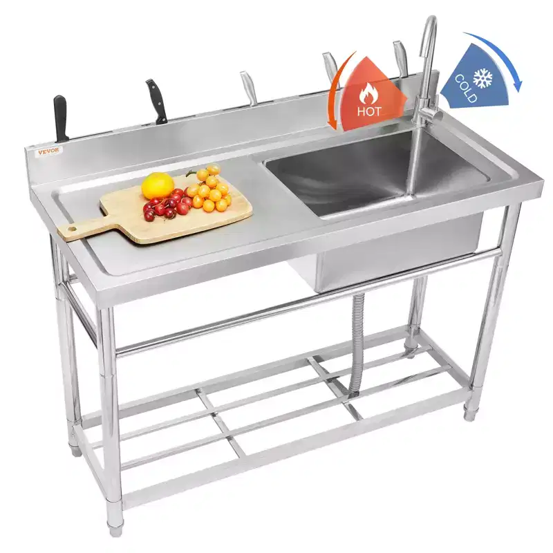 VEVOR Stainless Steel Utility Sink, Free Standing Single Bowl Commercial Kitchen Sink Set w/Workbench, for Garage, Restaurant, Laundry