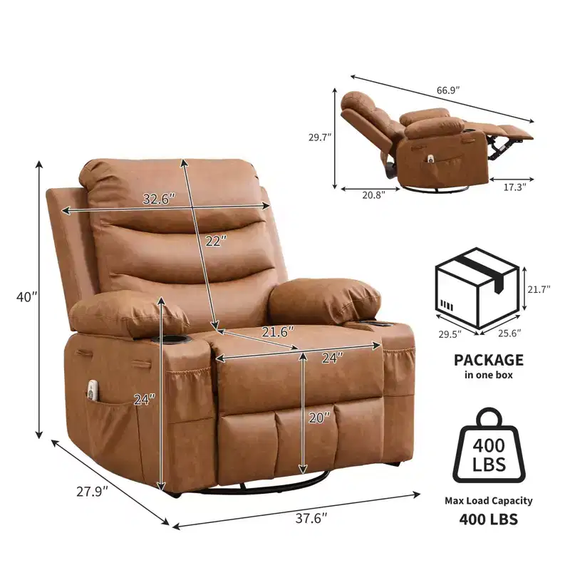 Rocker Recliner Chair with Massage & Heat PU Leather Swivel Sofa with Cup Holder & Pockets for Living Room, Bedroom & Nursery