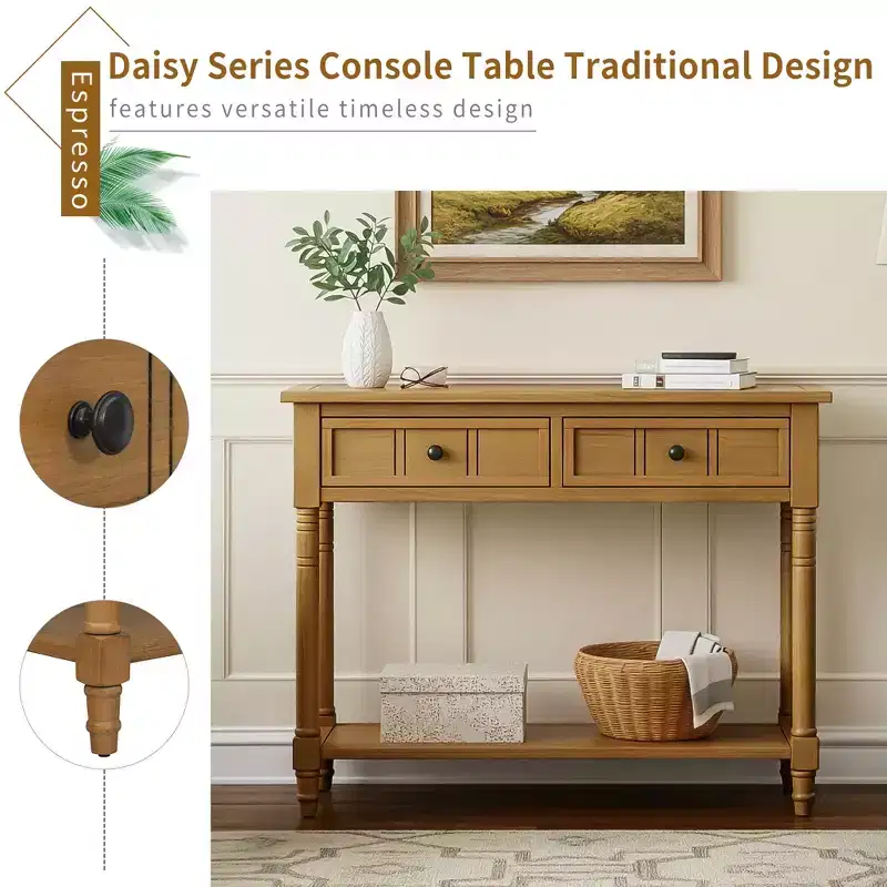 Traditional Entryway Console Table with 2 Drawers and Bottom Shelf, Solid Pine Wood