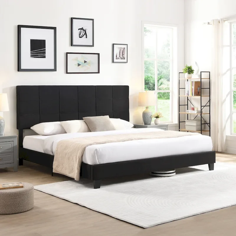 King Size Upholstered Bed with Linen Fabric Headboard
