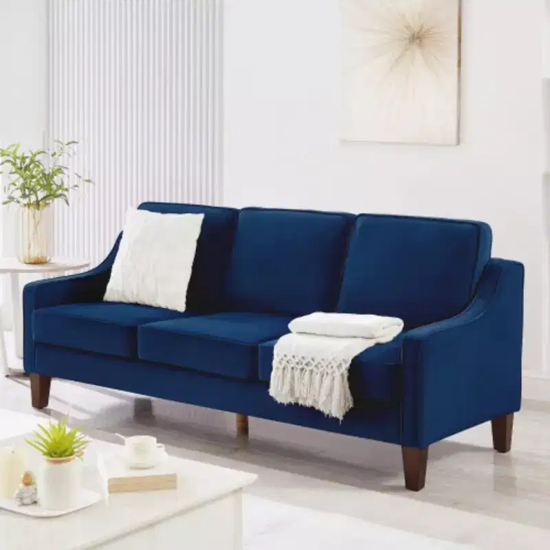 Contemporary 3-Person Sofa: Navy Velvet, Scooped Armrests, Wood Legs, Washable Cushions
