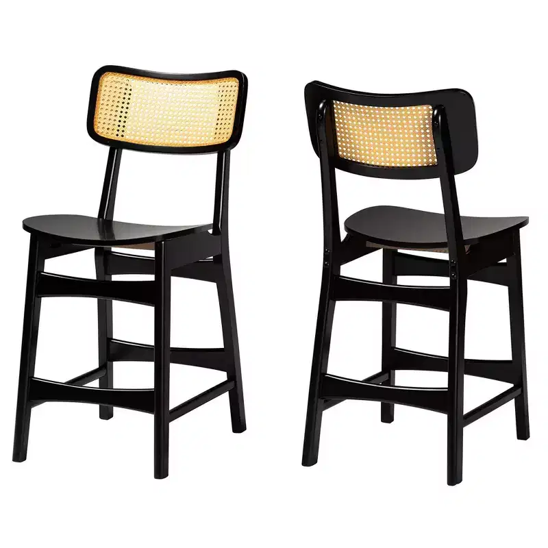 Baxton Studio Tafari Wood and Rattan 2pc Counter Height Barstool Set Dark Brown/Light Brown: Mid-Century, Ergonomic Footrest
