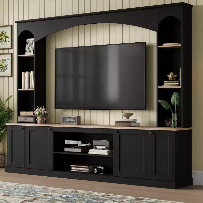 91 Media Console, Arched Entertainment Center Wall Unit, TV Stand with Bookshelf, Wood Grain for TVs Up to 70