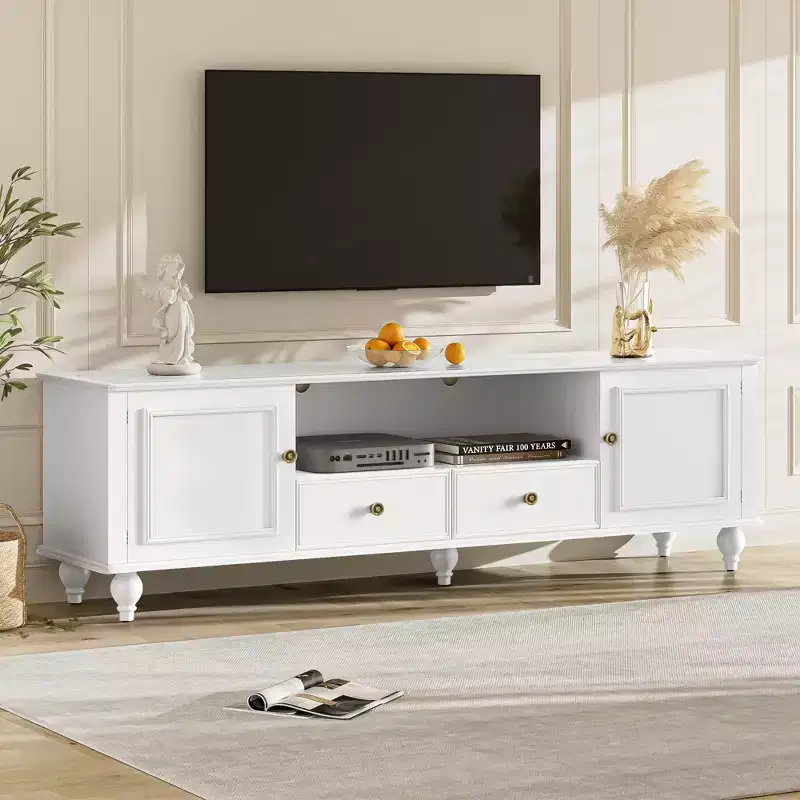 JVNOXK 70.9-inch Modern TV Stand, suitable for TVs under 80 inches. This entertainment center features open shelving and two drawers, forliving room