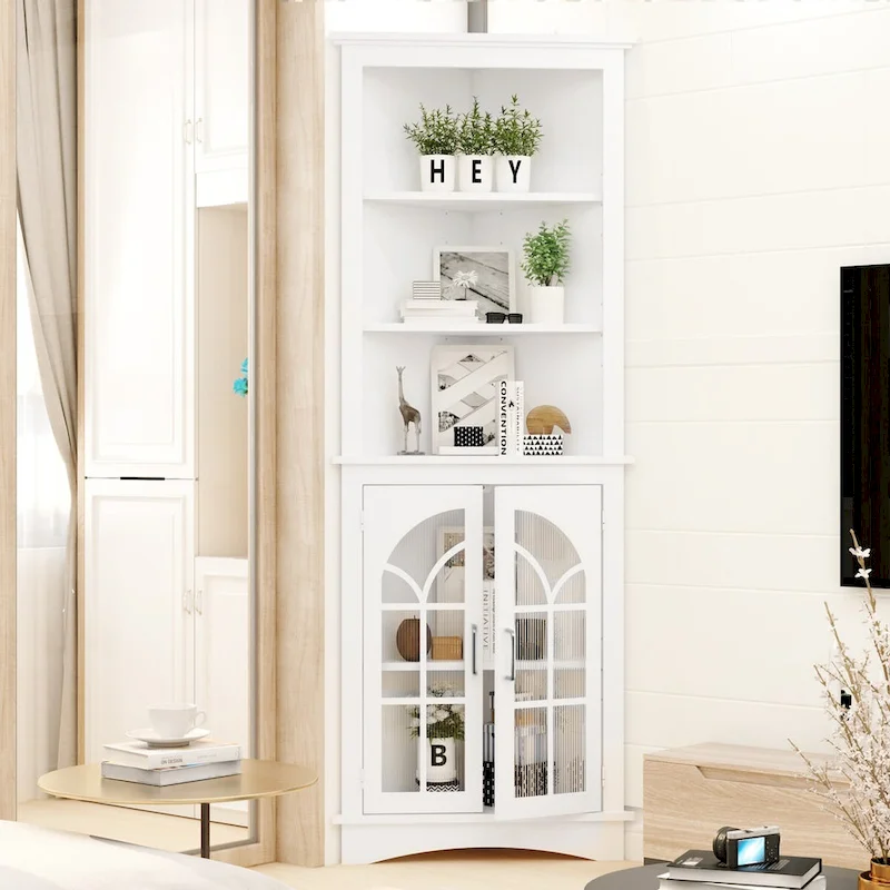 5-Tier Corner Storage Cabinet with Door & Adjustable Shelves – White, MDF, Antiqued Glass, 63.3