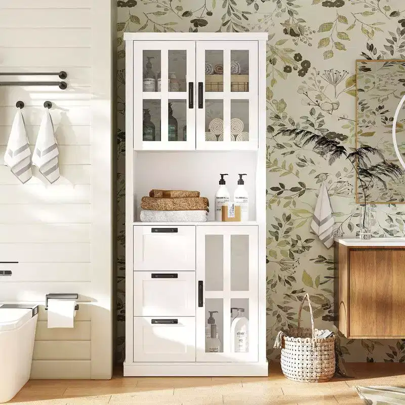 Tall Bathroom Storage Cabinet with Glass Doors & Drawers for Towels & Toiletries