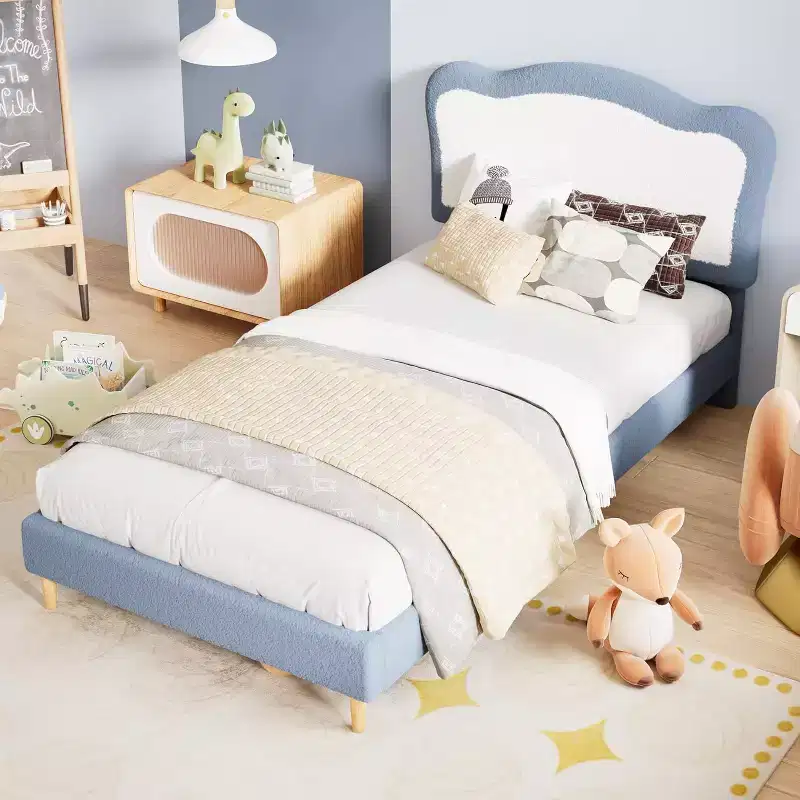 Bed Frame for Kids, Upholstered Twin Bed Frame for Kids, with Scallop Headboard, Cute Velvet Bed for Girls, Boys