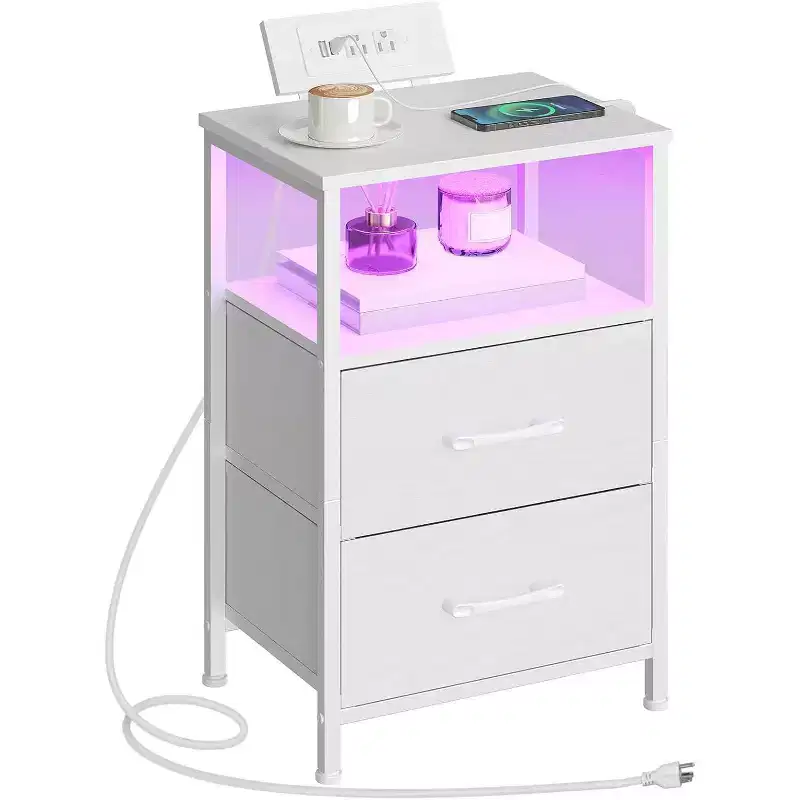 Nightstand with Charging Station, White Bedside Table with LED Lights & 2 Fabric Drawers, End Table with 2 AC Outlets/USB/Type-C