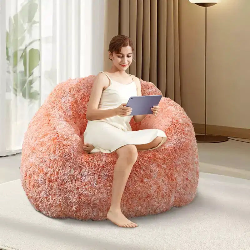 Adult Faux Fur Bean Bag Chair with Armrests - High-Density Foam Floor Sofa
