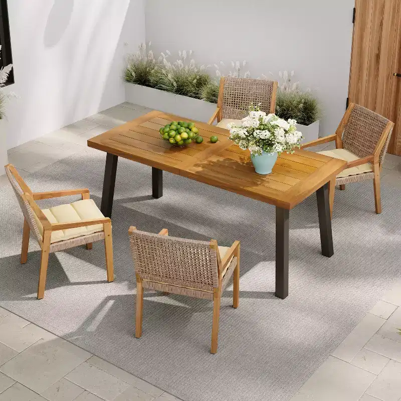 Christopher Knight Home Neva 5 Piece Industrial Outdoor Acacia Wood and Wicker Dining Set with Cushions