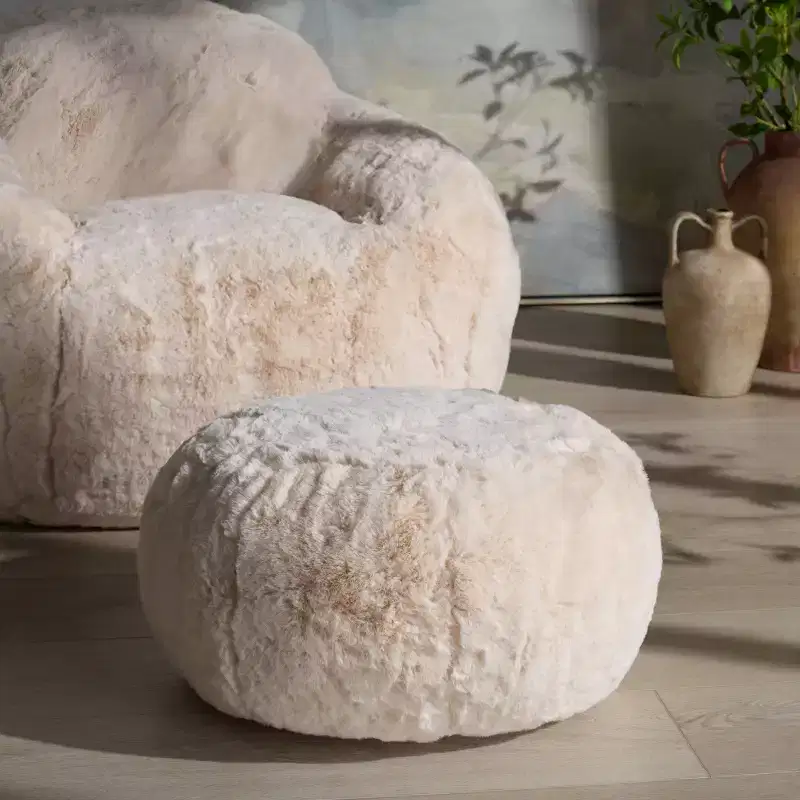 Round Pouf Ottoman, Creme, 100% Polyester, 275 lb Capacity, Made in USA