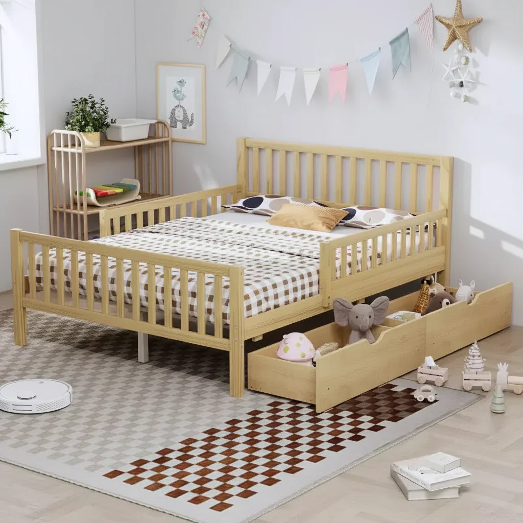 Full Wood Platform Bed with Guardrails & 2 Storage Drawers – Natural