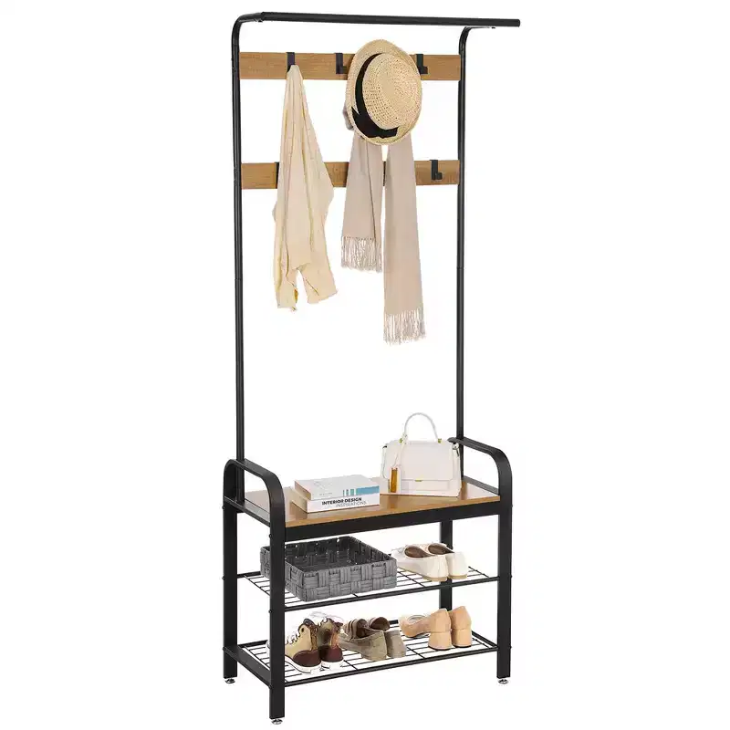 VASAGLE 4-in-1 Coat Rack Hall Tree, 9 Removable Hooks, Entryway Bench with Shoe Storage for Apartment, Living Room