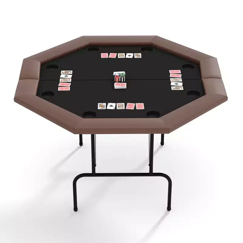 8-Player Octagon Poker Table, Foldable Brown Casino Table with Cup Holders for Texas Holdem & Blackjack