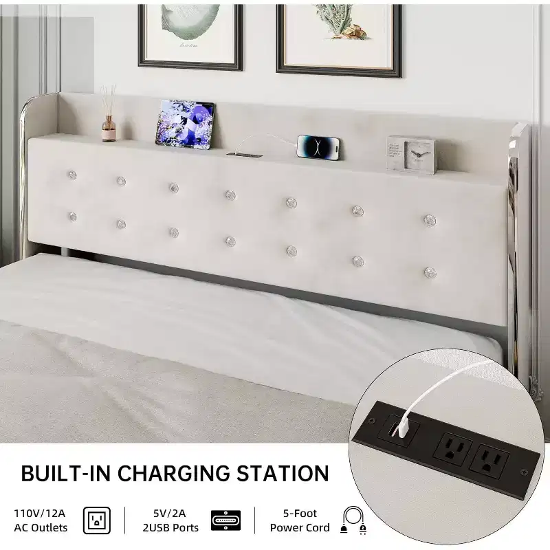 Full Bed Frame with 4 Storage Drawers, Velvet Upholstered Platform Bed Frame, Wooden Slats Support, No Box Spring Needed, 1000Lbs Support, Beige