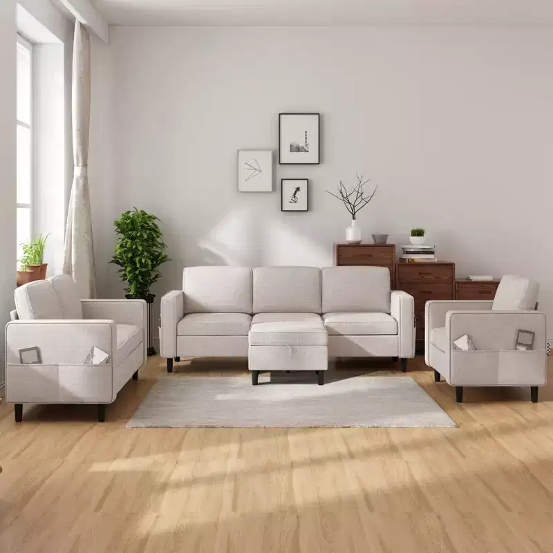 Mjkone 78 Linen Sectional Couches Set , 3-Seater Sofa with Storage Ottoman and Loveset Sofa and Armchair