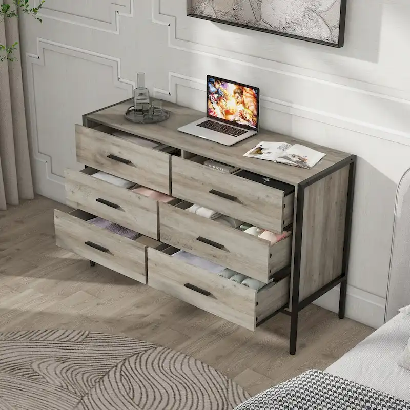 Wood Dresser with 6 Drawers, Wooden Storage Closet for Bedroom, Solid Clothes Cabinet with Sturdy Steel Frame