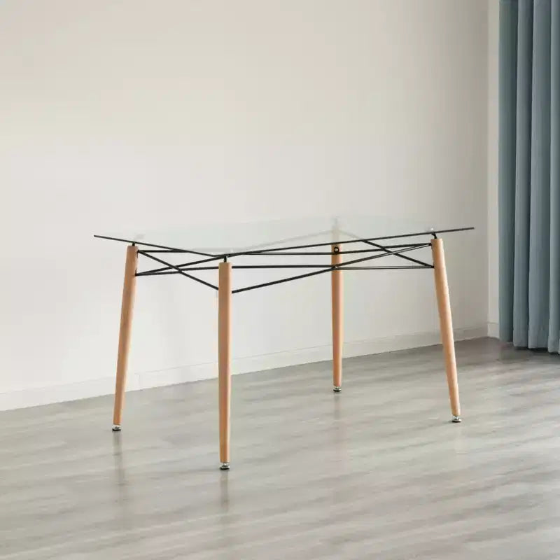 Rectangle Clear Tempered Glass Dining Table - Mid-Century, Solid Wood Legs, Seats 4-6