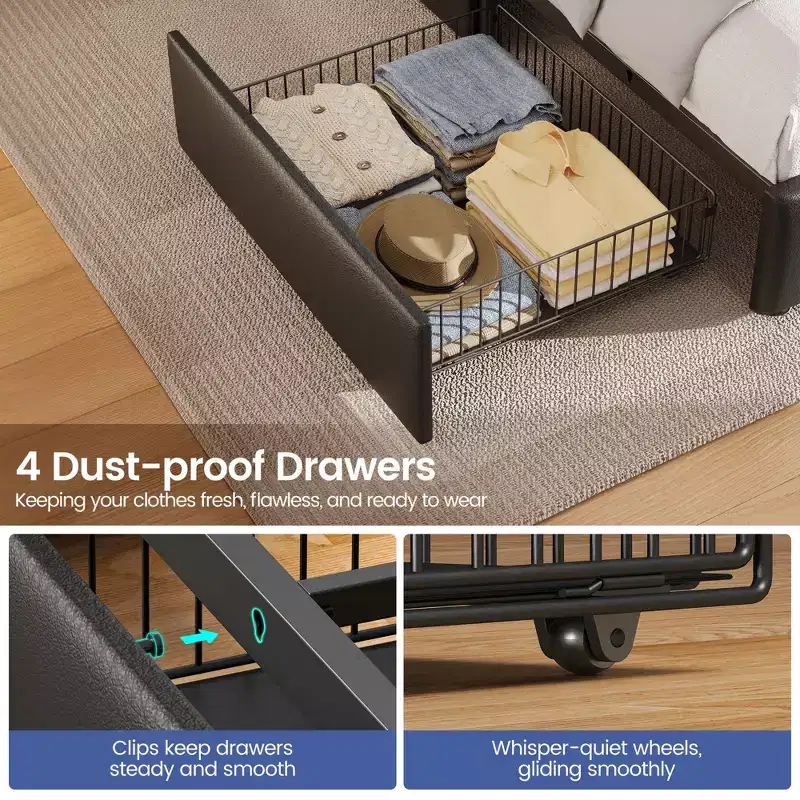 Greenstell Platform Bed Frame with 4 Storage Drawers and Charging Station, Upholstered Headboard with Led light