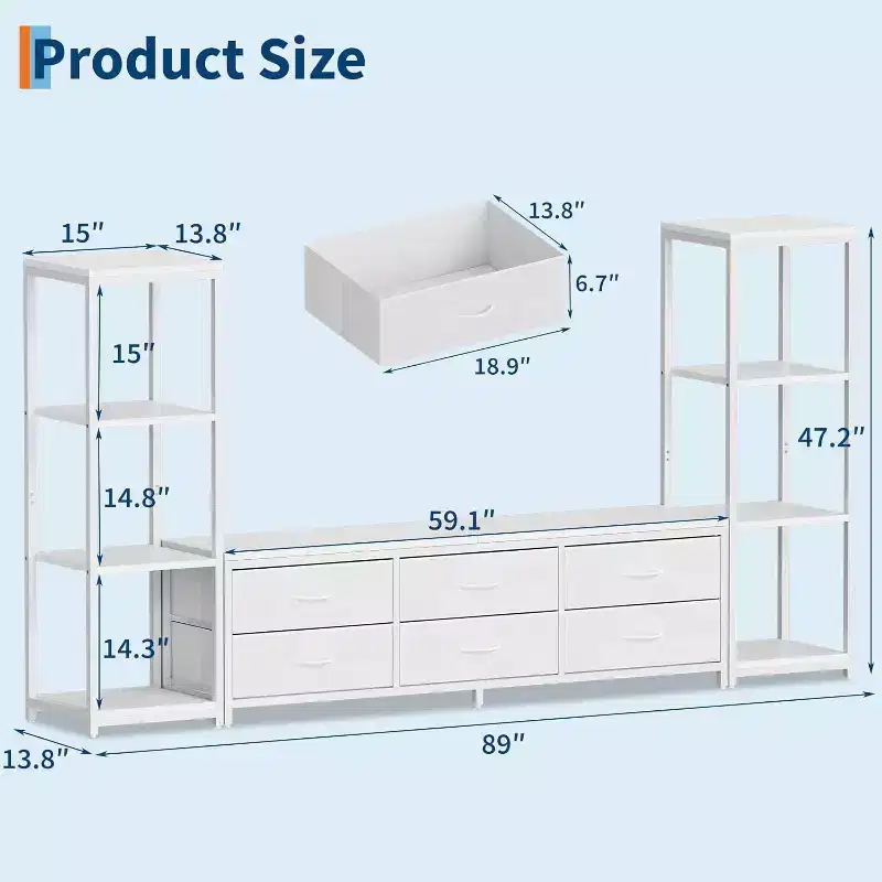 TV Stands with 6 Fabric Drawers, Large Entertainment Center with 2 Industrial 4-Tier Storage Shelves, Modern TV Console Cabinet for Living Room