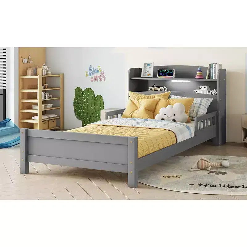Twin Pine Wood Bed with Bookcase Headboard and Safety Guardrails, Gray