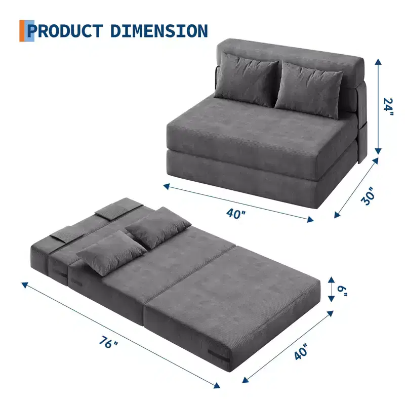 76 Convertible Folding Sofa Bed, Portable Lazy Floor Sofa Lounger, Convertible Futon Couch with Pillow, Modern Linen Fabric, for Living Room(Double)