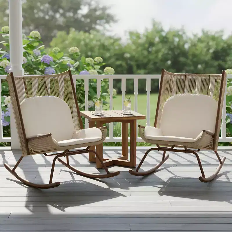 Christopher Knight Home Vijay Farmhouse 3 Piece Patio Dining Set with Acacia Wood Table and Iron Rocking Chairs