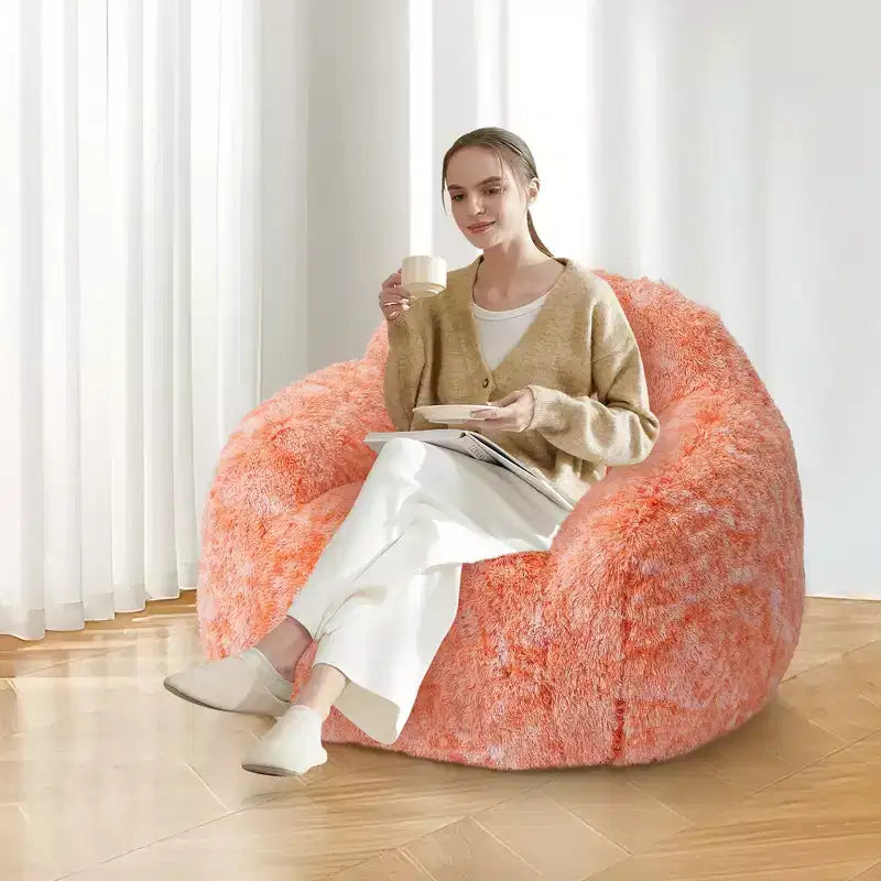 Adult Faux Fur Bean Bag Chair with Armrests - High-Density Foam Floor Sofa