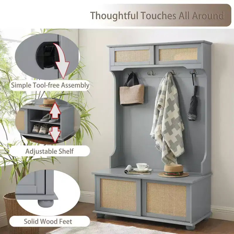 Casual Style Hall Tree with Entryway Bench, Coat Rack with Rattan Door Shelves and Wooden Feet, Coat Tree for Living Room, Bedroom, Gray