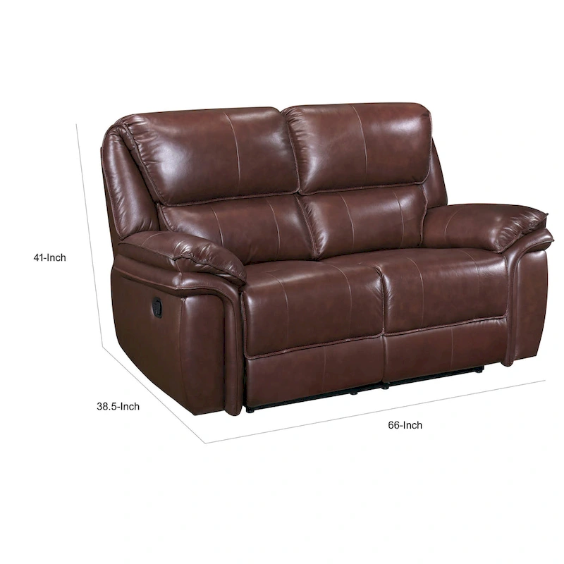 Jack 66 Inch Manual Recliner Loveseat, Plush Brown Top Grain Leather, Wood