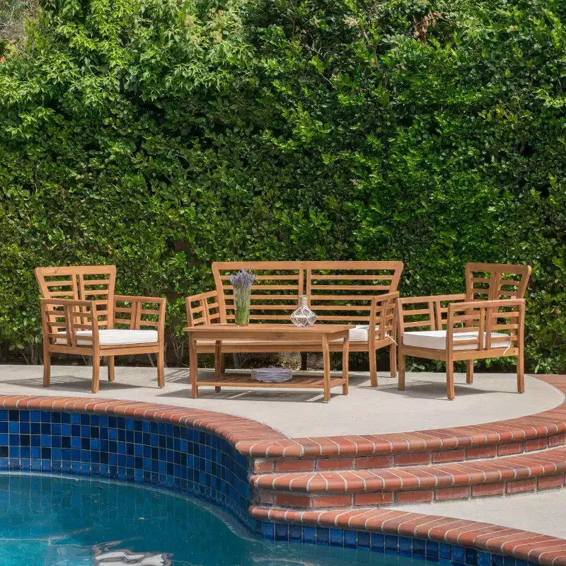 GDFStudio Laurier Outdoor Acacia Wood 4 Seater Chat Set with Cushion