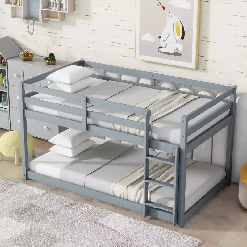 Twin Floor Bunk Bed with Ladder and Solid Wood Frame – Gray