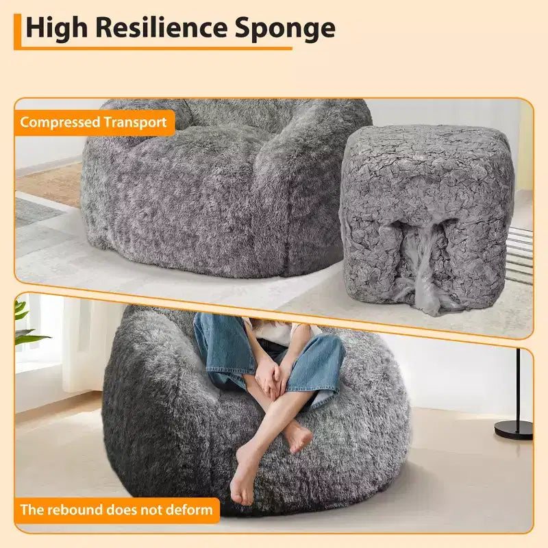 Adult Faux Fur Bean Bag Chair with Armrests - High-Density Foam Floor Sofa