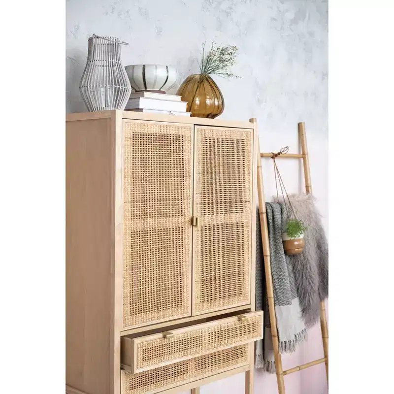 Storied Home Nero 67" Tall Decorative Storage Cabinet Natural: Beechwood & MDF, Fixed Shelf, 2 Drawers