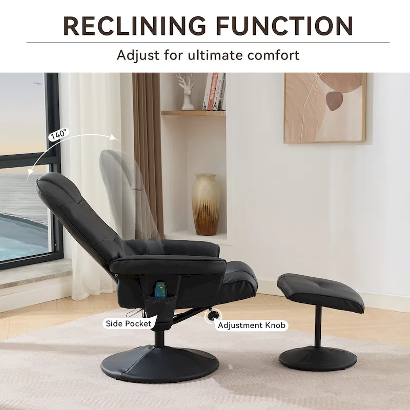 PU Leather 360 Swivel Massage Recliner Chair with Ottoman, Massage and Heated Seat, 140 Adjustable Backrest