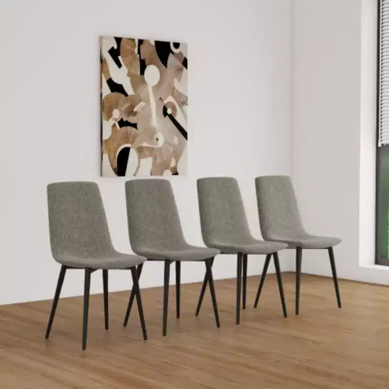 Set of 4 Linen Upholstered Dining Chairs with Black Metal Legs