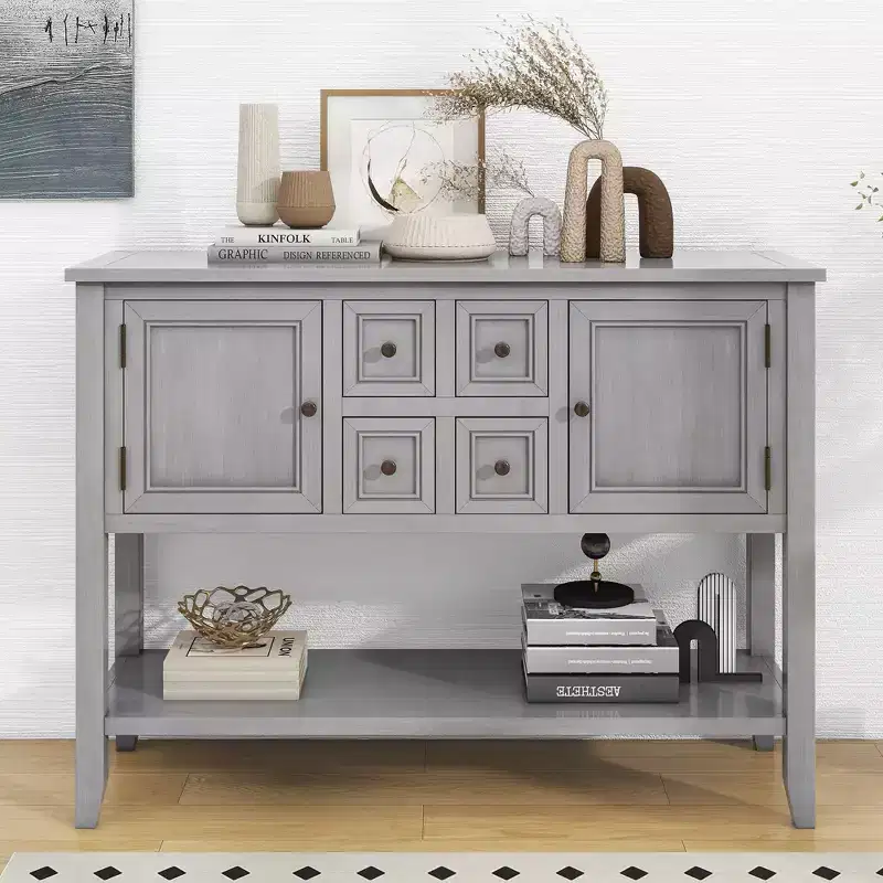 Vintage 46'' Solid Wood Console Table with Cabinets and Bottom Shelf