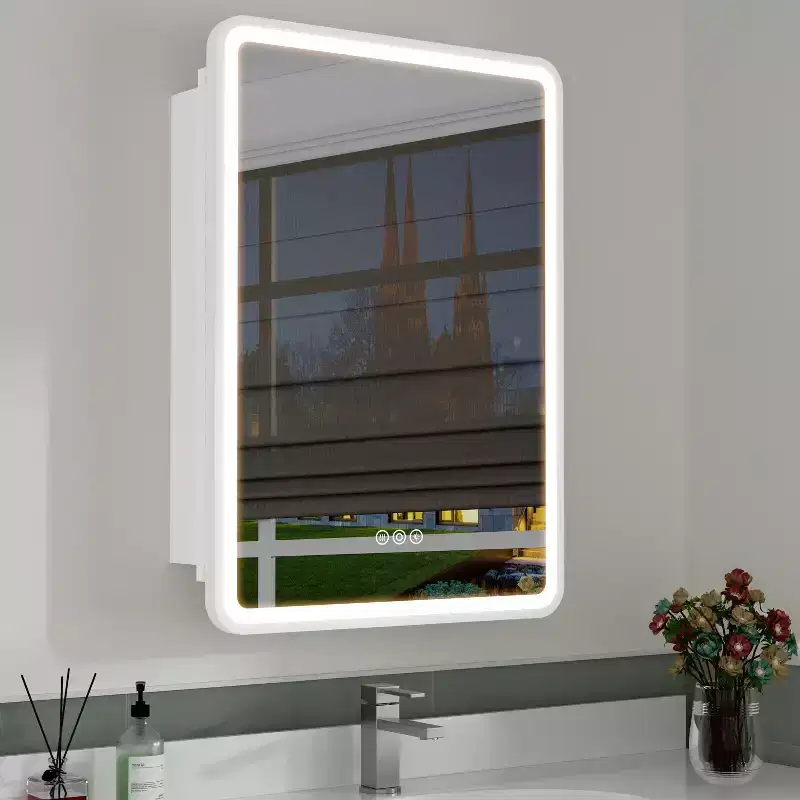 LED Medicine Cabinet with Mirror, Recessed/Wall Mounted Bathroom Cabinet, Dimmable, 3-Mode Light, Anti-Fog, Adjustable Shelves, White