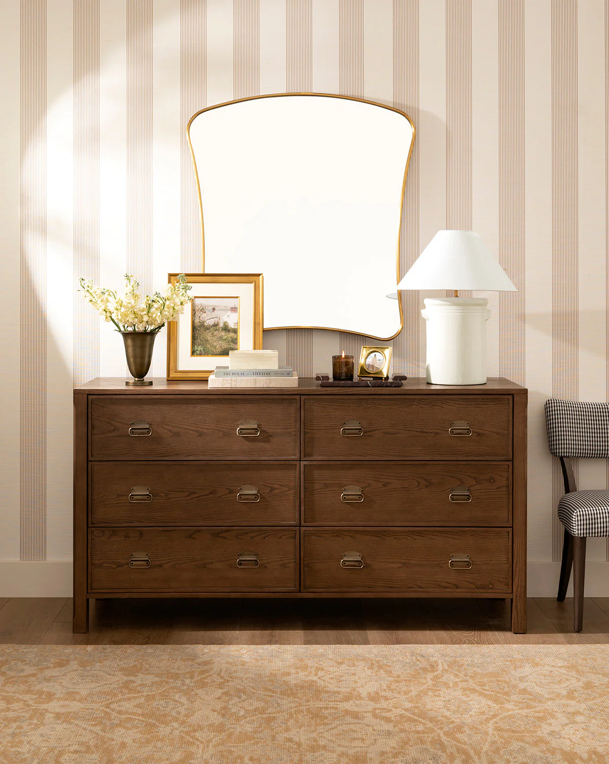 Modern Walnut Dresser with Curved Profile & Brass Accents for Bedroom