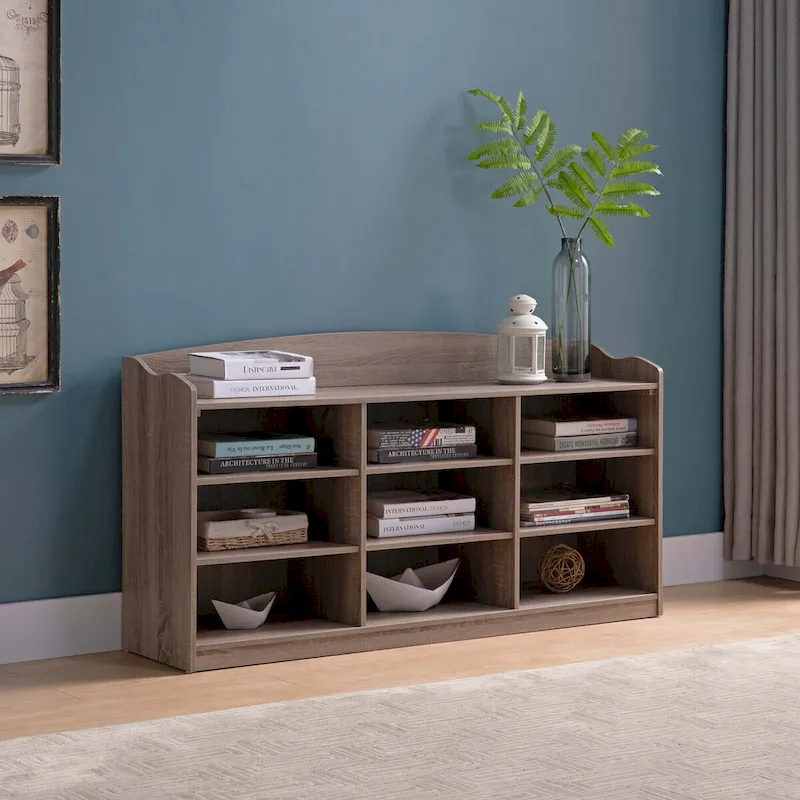 Wooden Shoe Storage Bench, Nine Storage Shelves, Entryway Organizer, Dark Taupe