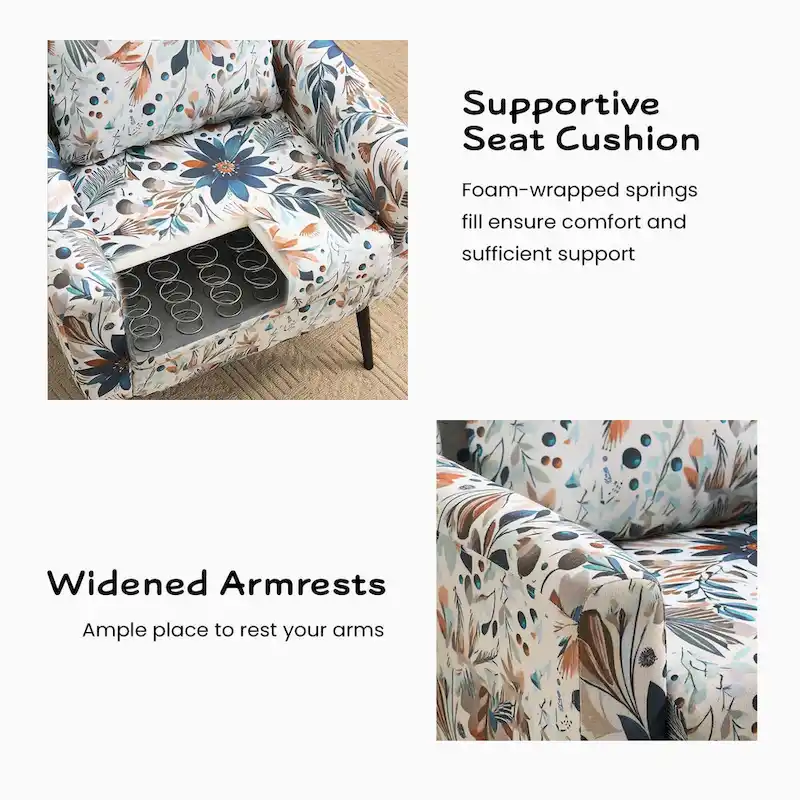 FERPIT Floral Print Accent Chair, Upholstered Reading Arm Chair For Living Room Bedroom With Adjustable Sturdy Metal Legs