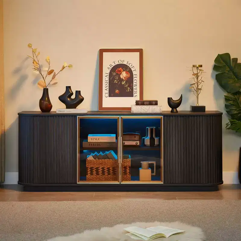 64W Wavy TV Stand with LED Lights, Round Sideboard with Vertical Stripes, Aluminum Door Frame Tempered Glass Storage Cabinet, Black - ModernLuxe